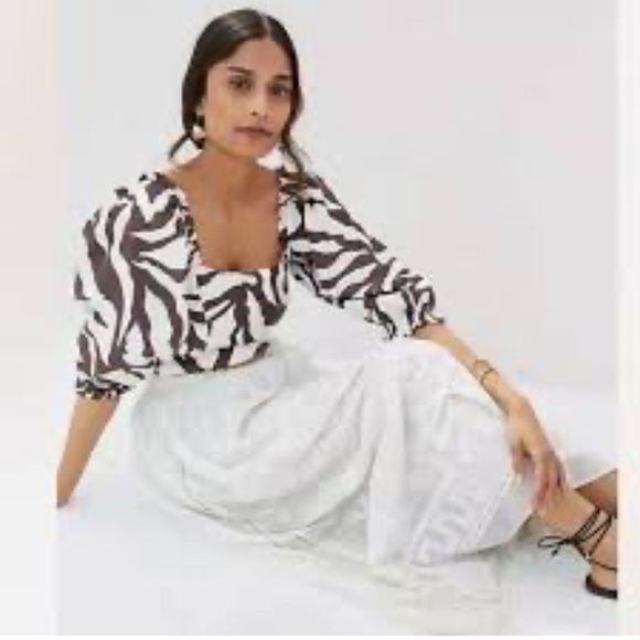 Fathfull The Brand Brown White Zebra Striped Linen Crop Top Sweetheart Neck SZ 4 - Picture 14 of 15